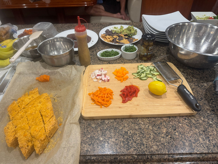 Chef Jim Ruch's cutting board with Mise en place for dinner service