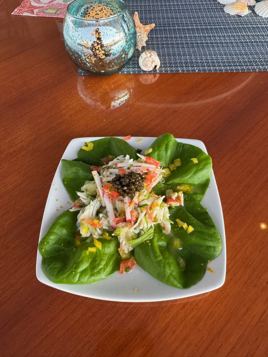 Chef Jim Ruch's King Crab salad with juliene vegetables in citrus tarragon dressing. Osetra caviar garnish